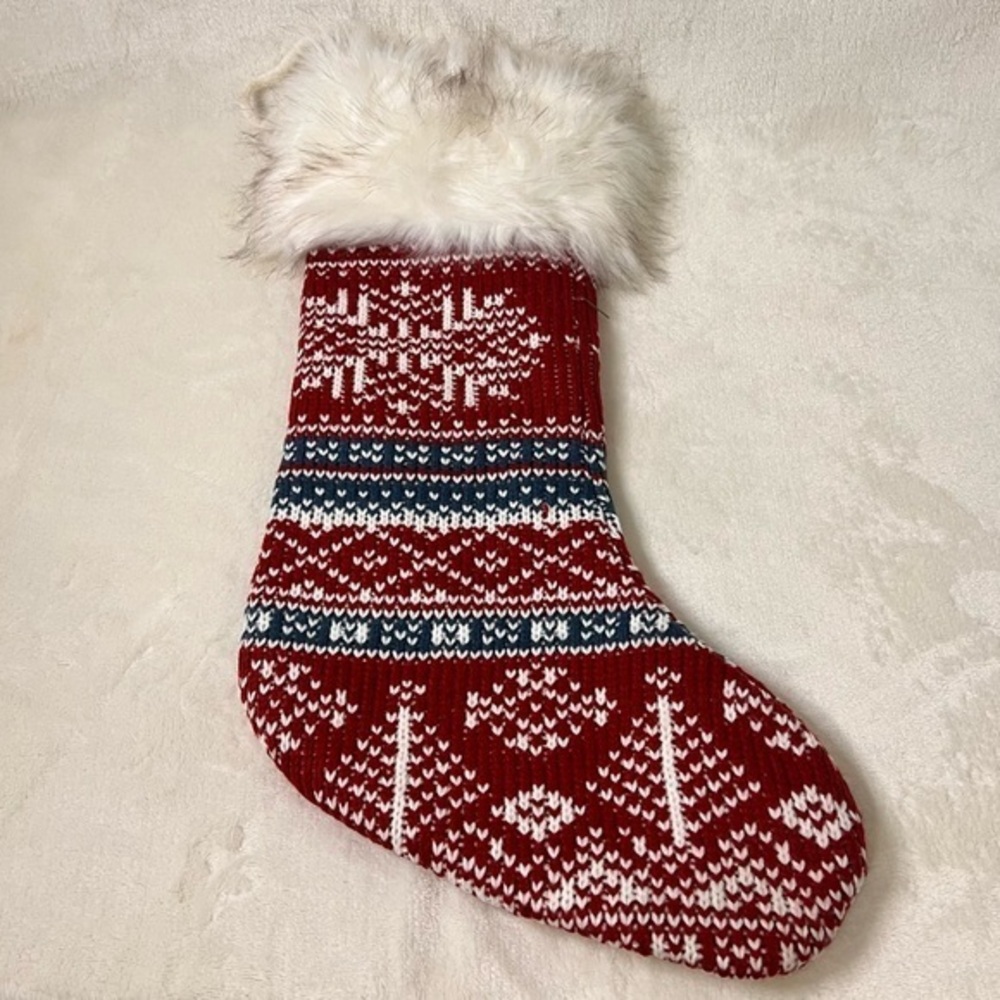 House & Garden Faux Fur Pattern Knitted Christmas Stocking Red White‎ Grey 21”